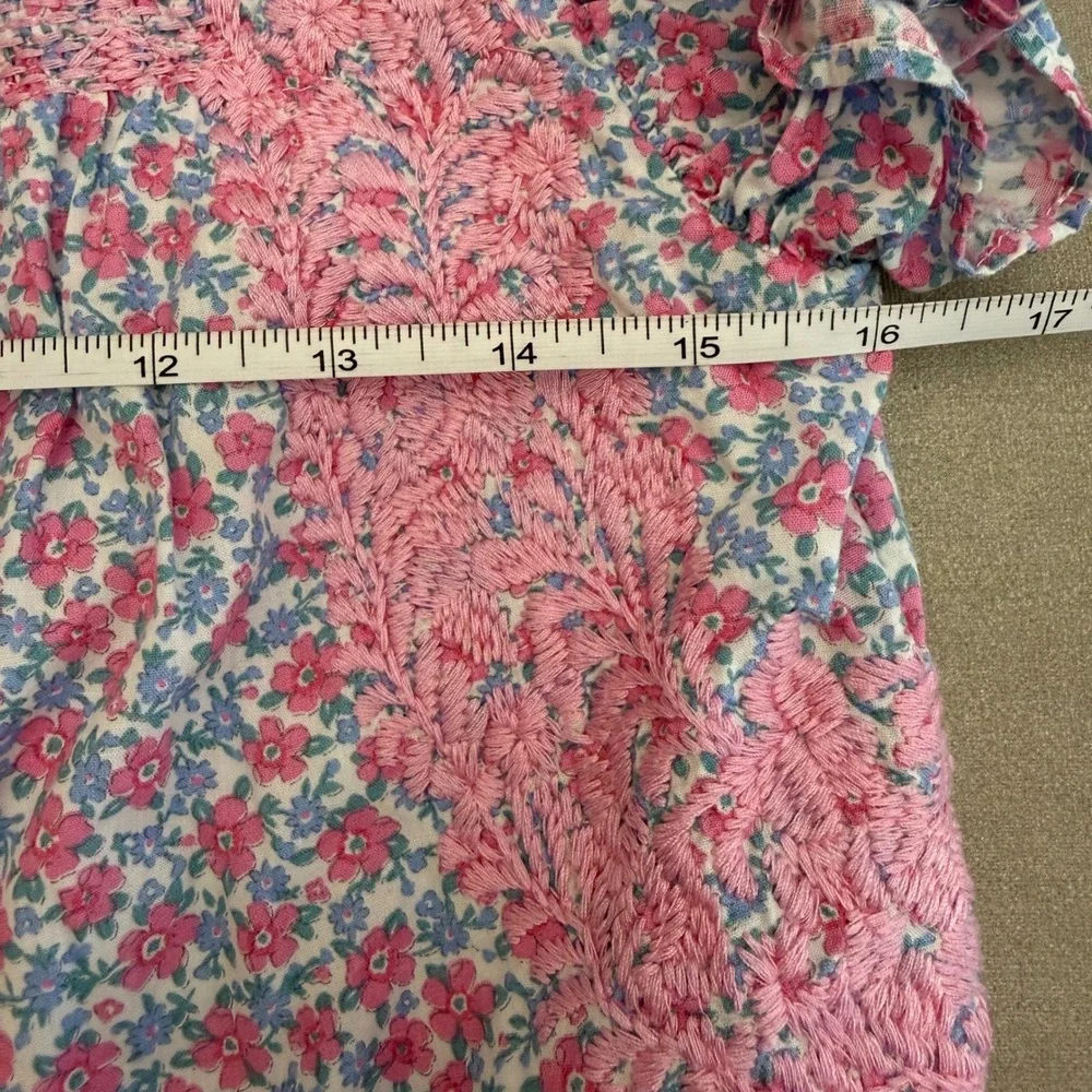 J. Marie Pink Blue Floral Embroidered Ruffle Flutter Sleeve Mini Dress XS
